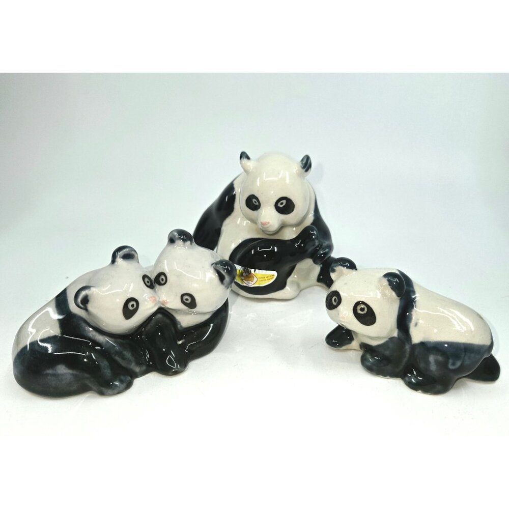Vintage Hand-Painted Porcelain Panda Figurine Set Of 3 Black & White Wildlife Fi